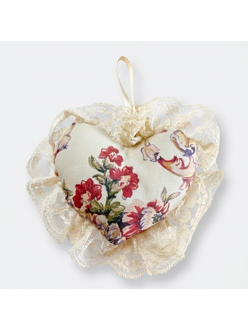 Floral Fabric Heart Ornament Cream Lace Ruffle Cottagecore Shabby Chic Decor